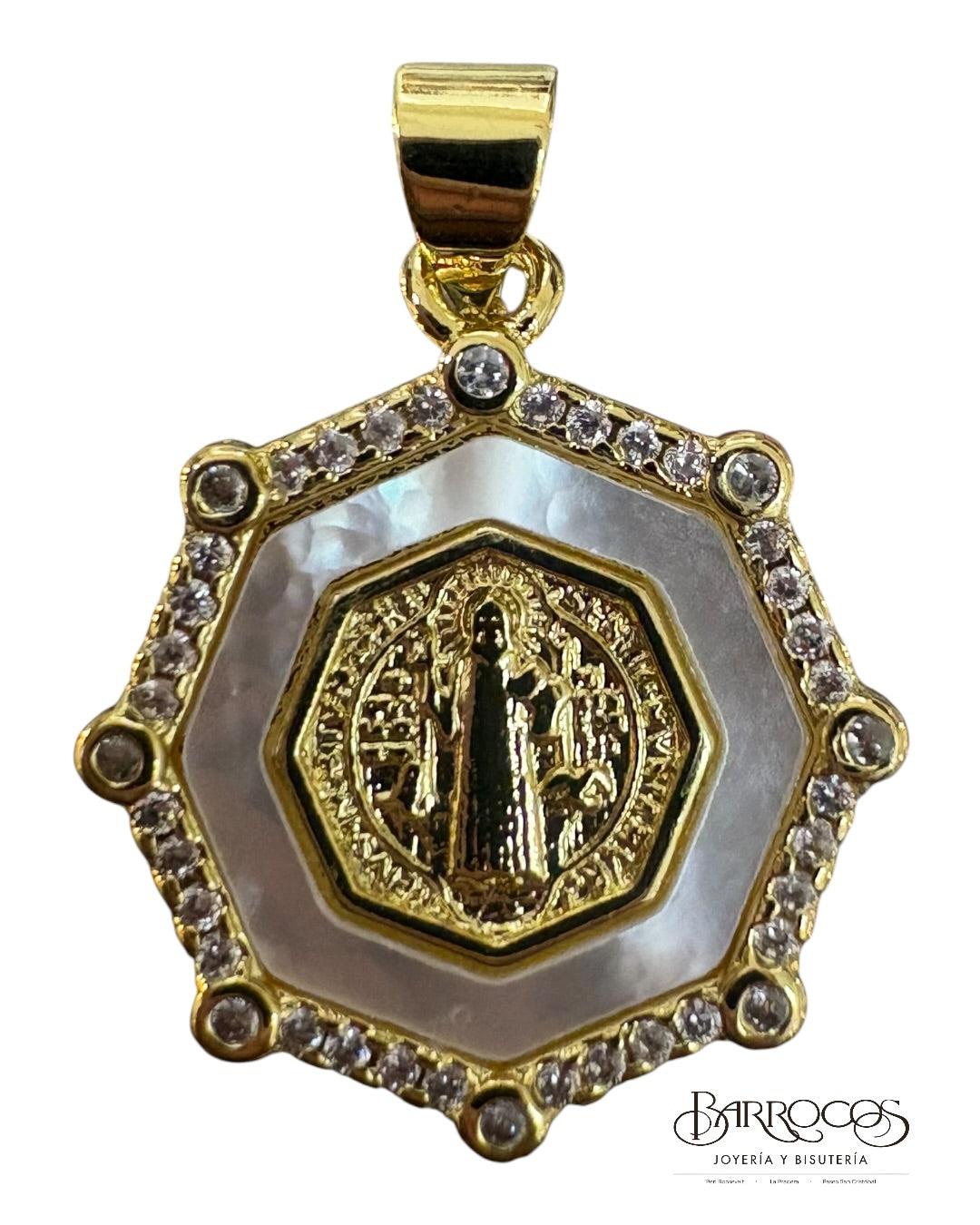 Medalla octagonal san Benito  concha nácar Goldfilled 18k